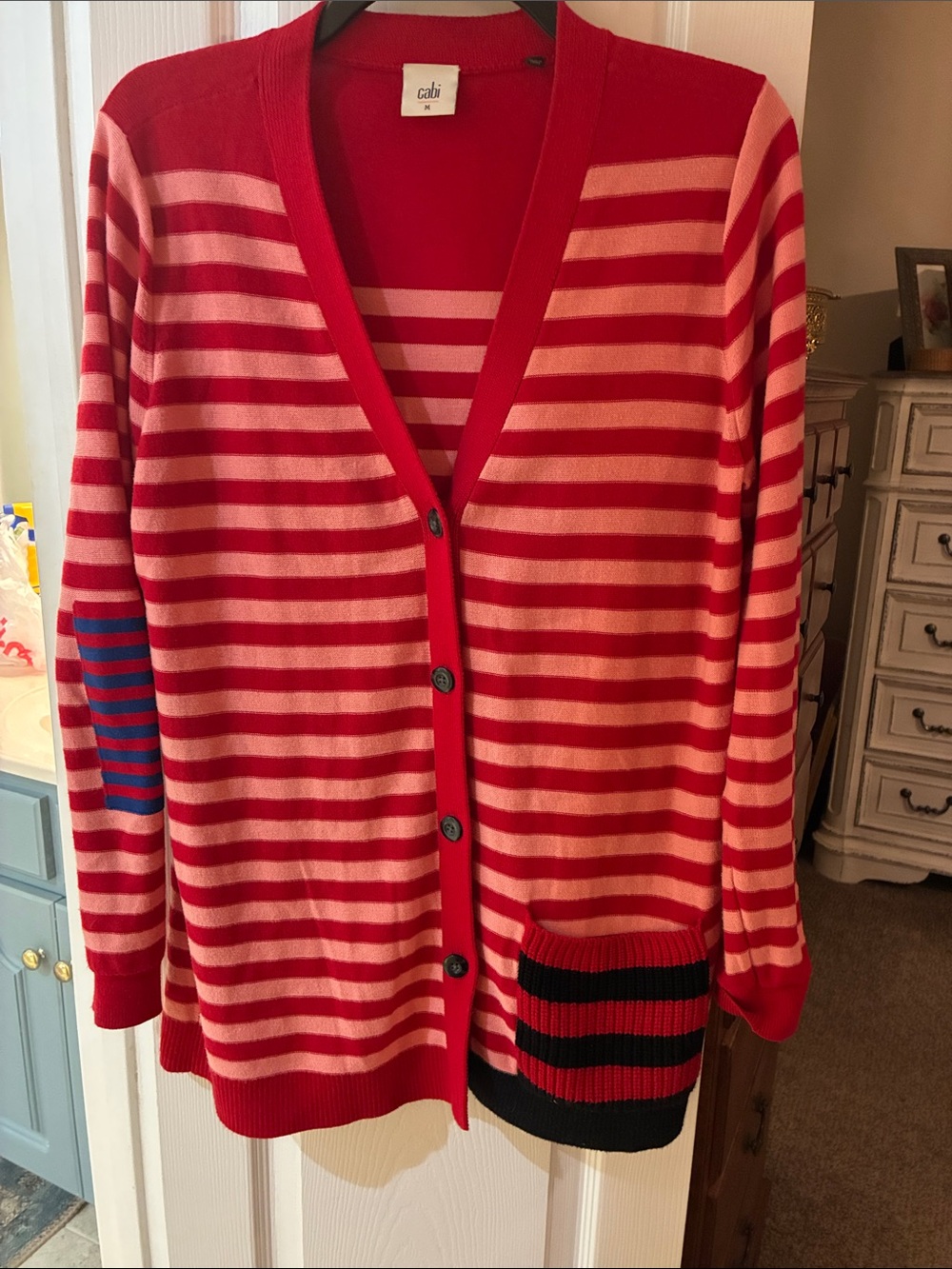 Cabi Picnic Red and  Pink Striped Button-Front Cardigan Sweater SZ M